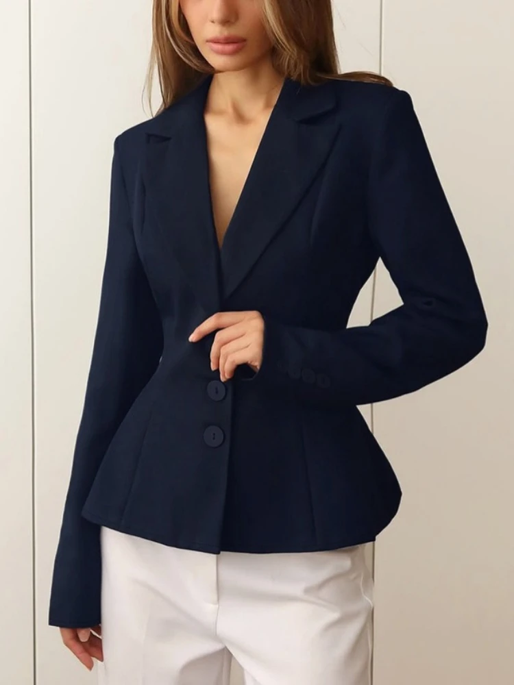 Autumn New Fashion Commuting Slim Blazer for Women Lapel Long Sleeve Single-breasted Pad Shoulder Waist Cincher Suit Jacket