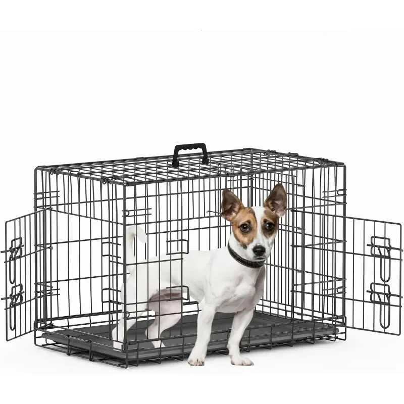 30 Inch Double Door Medium Dog Crate with Divider Panel and Leak- Proof Pan Tray, Folding Metal Wire Pet Kennel for Indoor，Grey