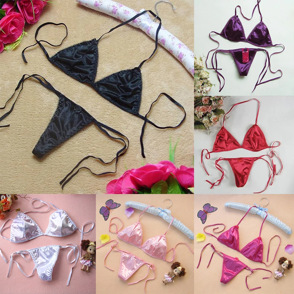 Sexy Womens Ultra-thin Low Waist Satin Silk Thong Breathable Lightweight Underwear Bra Panties T-back Lace Up Lingerie