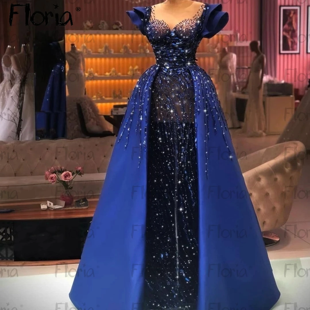 2023 Blue Evening Dresses Elegant Dress Women For Wedding Party Long Mermaid Capped Sleeves Beaded Crystals Formal Prom Gowns