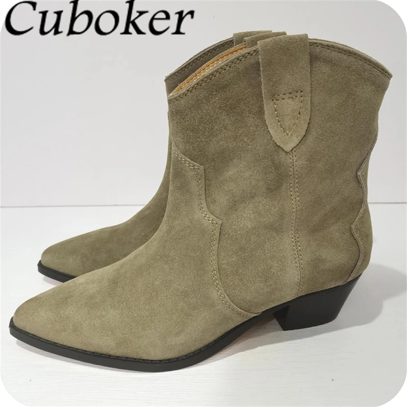 2024 Autumn Hot Sale Suede Leather Ankle Boots Women Pointed Toe Slip On Chelsea Boots Classic Chunky Heels Short Botas Mujer