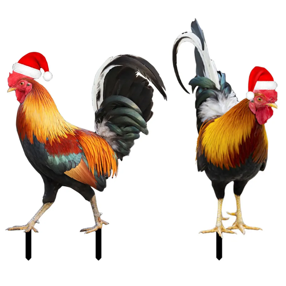 

2pcs Christmas Hat Chicken Stakes Acrylic Decor For Outdoor Yard Lawn Patio Christmas Ornament Yard Stake Garden Chicken Sign