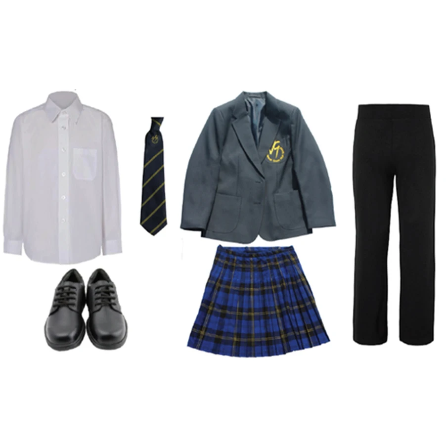 Uniformes escolares modernos para meninas, jaquetas de escola secundária, blazer azul marinho, jaqueta longa, poliestireno tecido, adultos, atacado, T/T