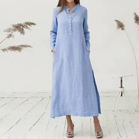 Simple Style Cotton Linen Long Sleeved Solid Color Casual Maxi Long Shirt Fashion Retro Loose Button Pullover Dress With Pockets