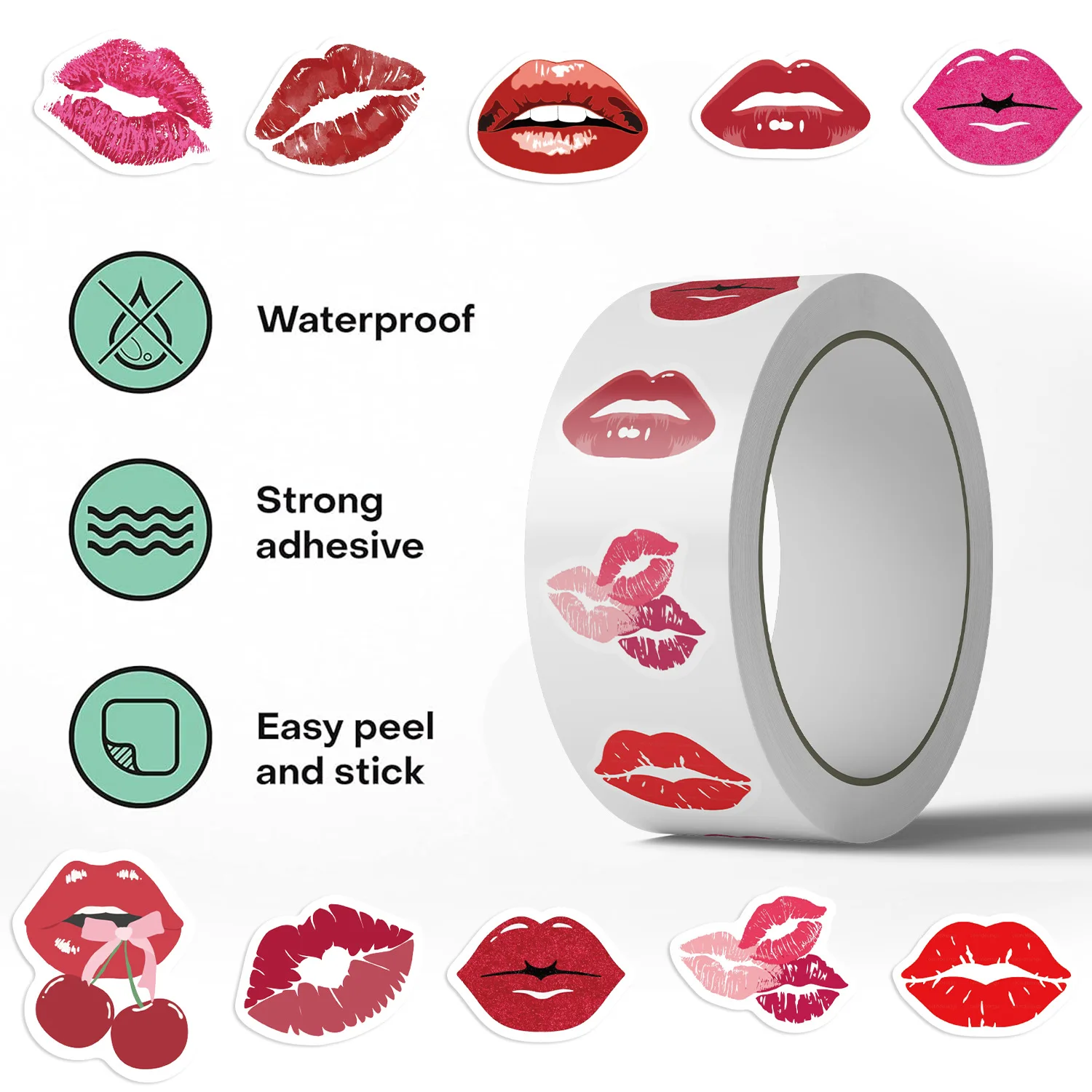 500Pcs Red Lips Stickers Roll, 10 Designs Lip Kiss Print Decals, Cute Cherry Bomb Makeup Stickers for Diary Scrapbooking Gifts