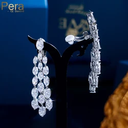 Pera Elegant Shiny White CZ Zircon Long Bridal Wedding Non Pierced Ear Clip On Earrings for Women Without Piercing Jewelry E1004