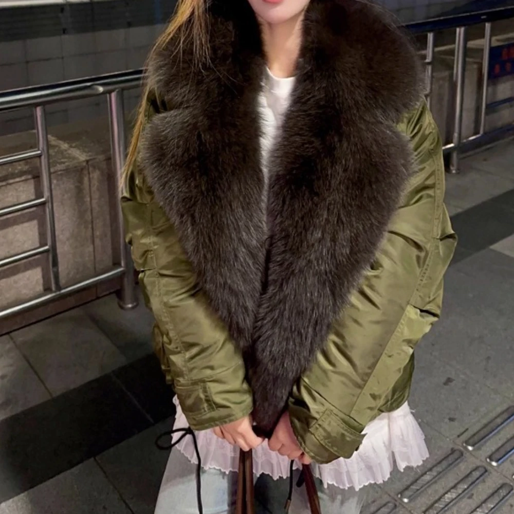

Down Jacket Women Autumn Real Fur Jacket Winter White Goose Down Coat Fox Fur Collar Luxury Outwear Loose Female Puffer Jacket