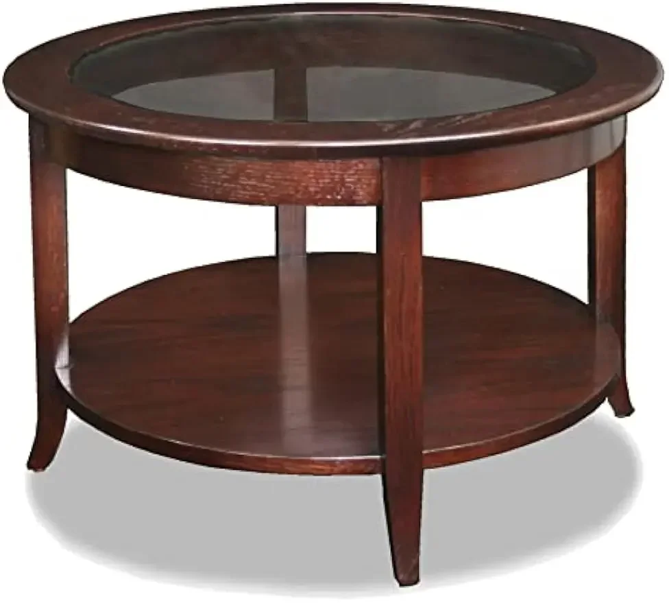 Round Glass Top Coffee Table with Shelf, Chocolate Oak, 30 inches