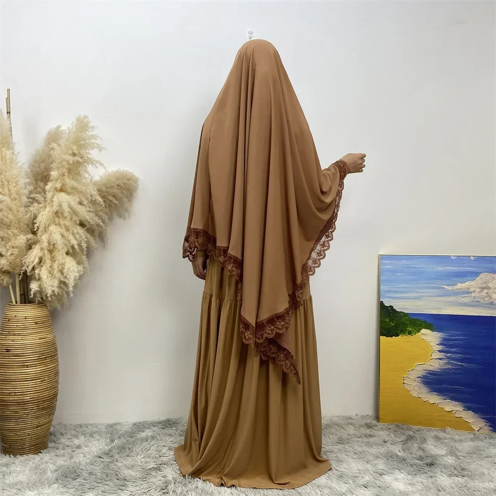Eid Khimar Pizzo Pianura Lunga Khimar Sciarpa Hijab Musulmano Modesto Moda Preghiera Hijab Islam Abbigliamento Ramadan Djellaba Kebaya Jalabiya