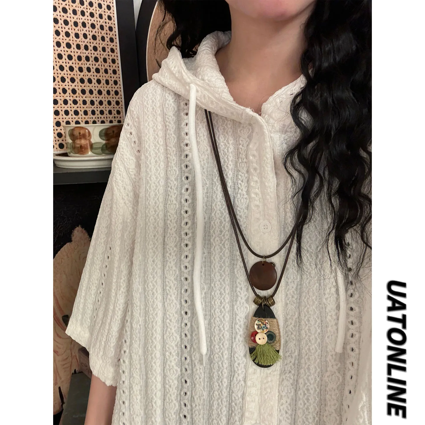 

UATONLINE2026 Summer Street Style Loose Fit Short Sleeve Shirt with Hat Versatile Lazy Texture Hollow out Design Women's Top