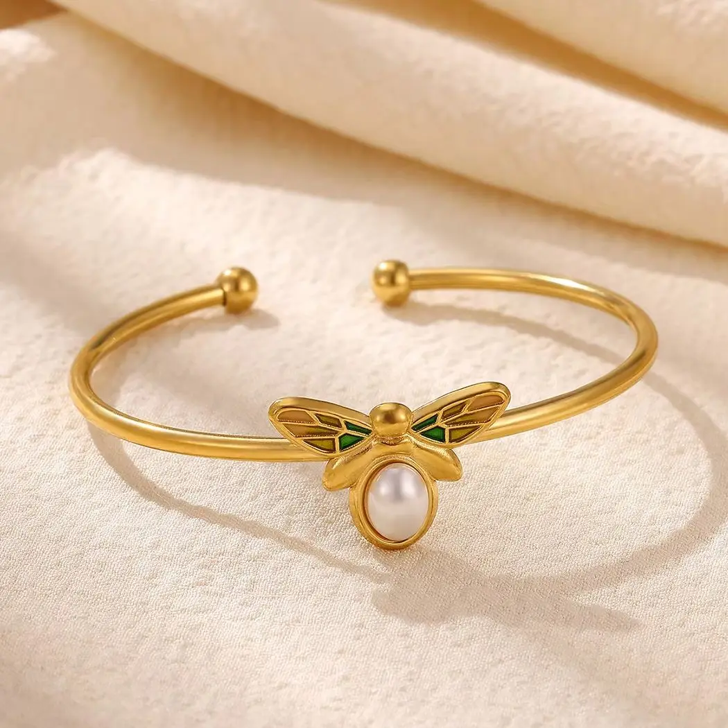 Edelstahl-Armband mit Imitationsperlen und Bienen-Motiv, wasserabweisend, im trendigen Stil, empfohlener Handgelenkschmuck