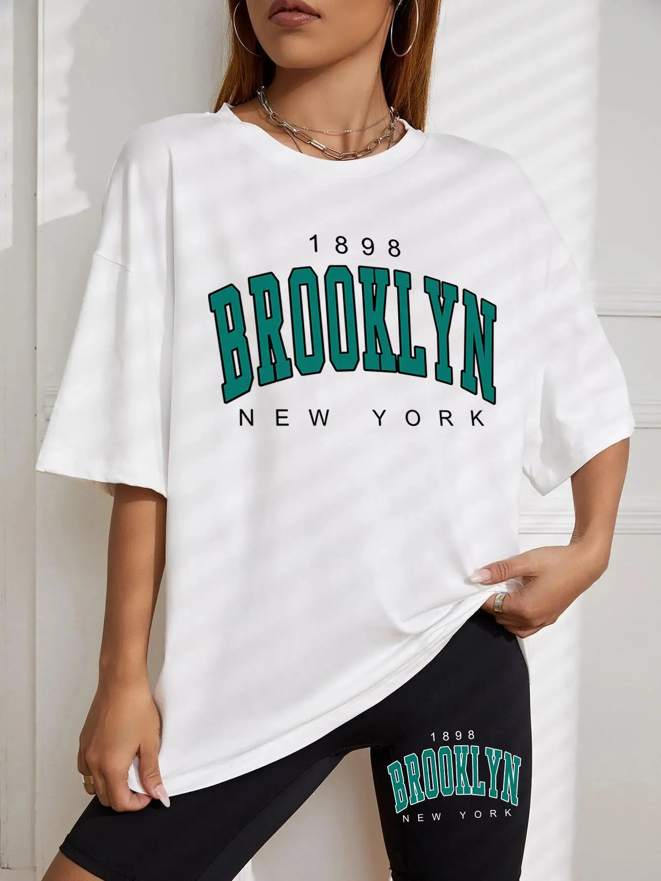 1898 Brooklyn New York Letter Print T-Shirts Set Women Fashion Casual 2 Piece Set Street Casual Shorts Cotton Breathable Tshirts