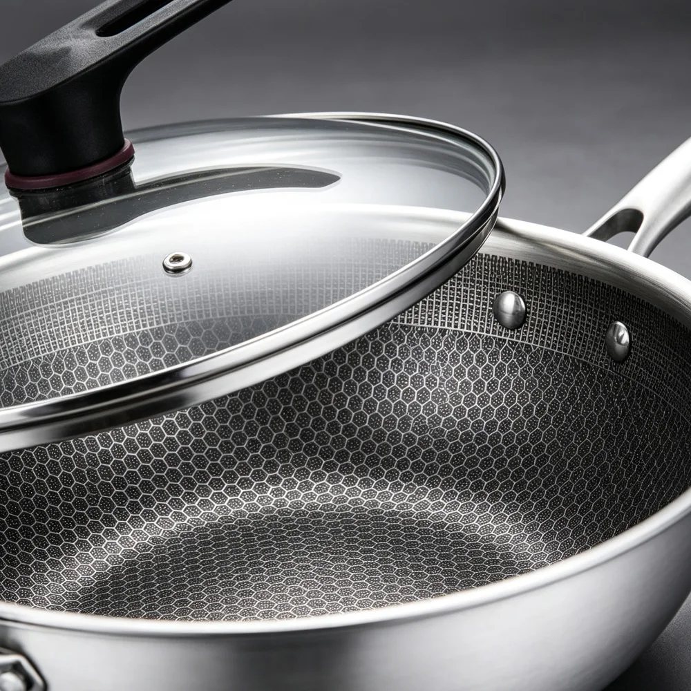 32cm Stainless Steel Honeycomb Skillet with Lid, Physical Non-Stick Wok Pan, Metal Spatula Safe, Family Home Cooking Wok