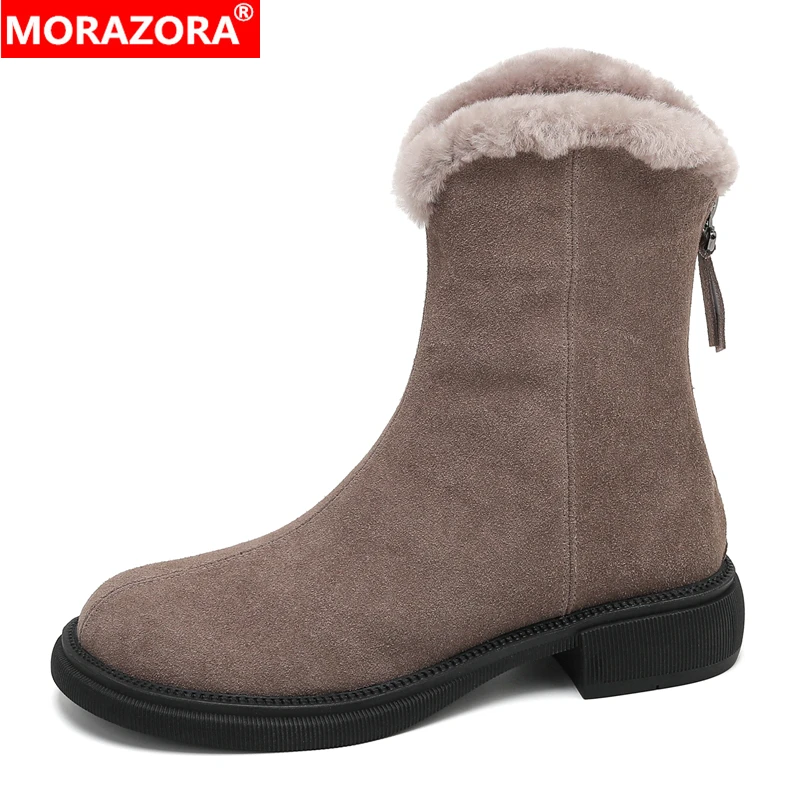 

MORAZORA Plus Size 34-42 New Nature Wool Winter Boots Women Zipper Handmade Mid Heels Ankle Boots Retro Warm Snow Boots