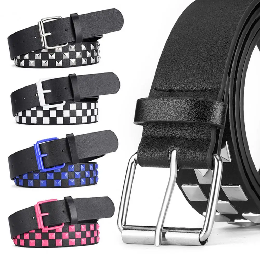 

Men Belt with Square Bead Pyramid Decoration Punk Hip Hop Style Adjustable Length Waistband Jeans Belt