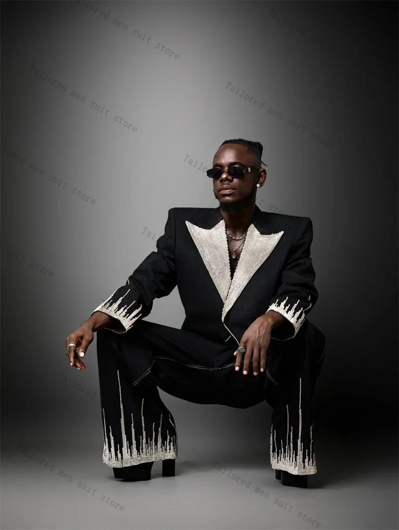 

Черно-белые мужские костюмы, комплект брюк, комплект из 2 предметов, пиджак с кристаллами + брюки, хлопковые свадебные смокинги, куртка для выпускного вечера, официальное офисное деловое пальто