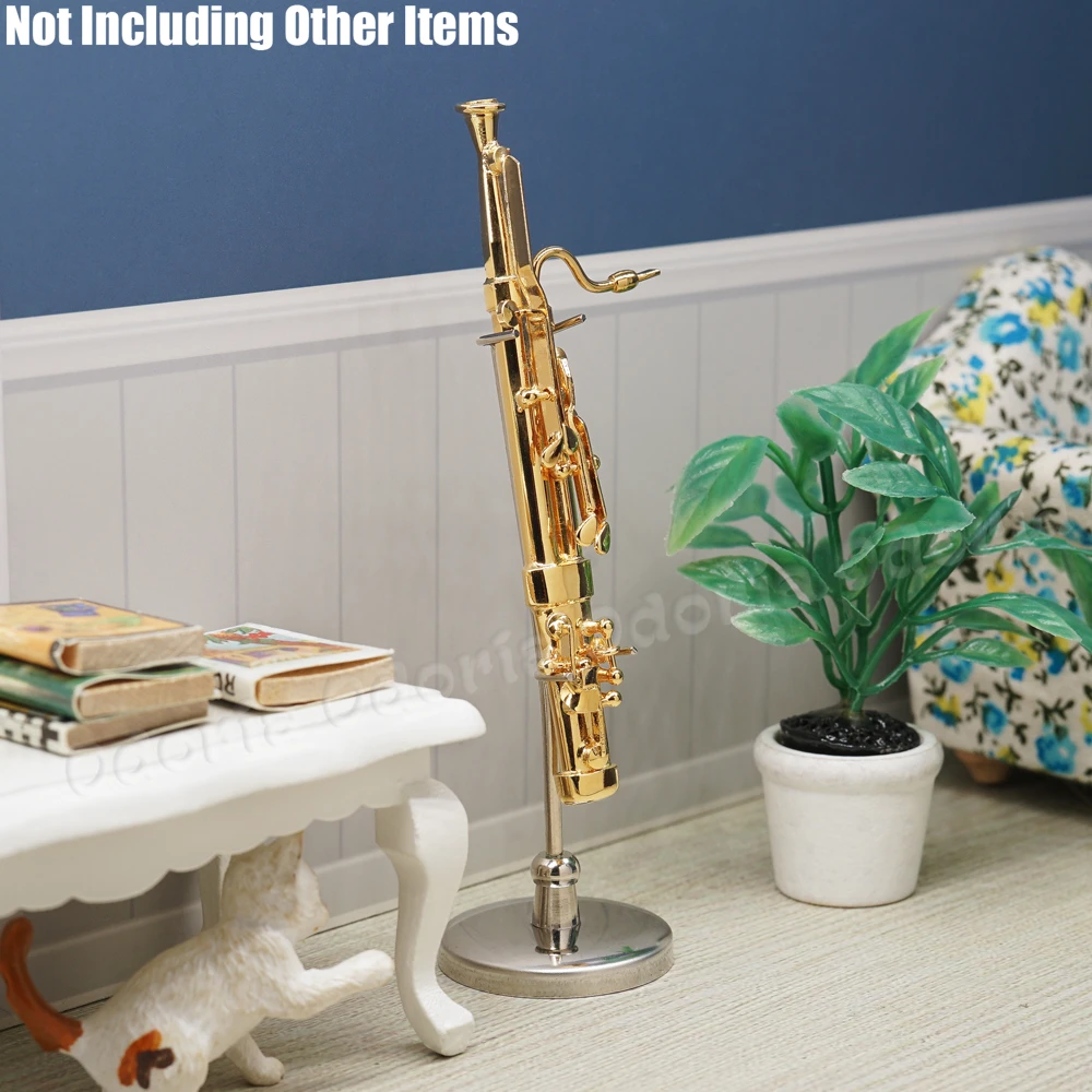 Odoria 1:12 Miniature Golden Bassoon with Stand and Case Unplayable Musical Instrument Model Set Dollhouse Accessories Decor