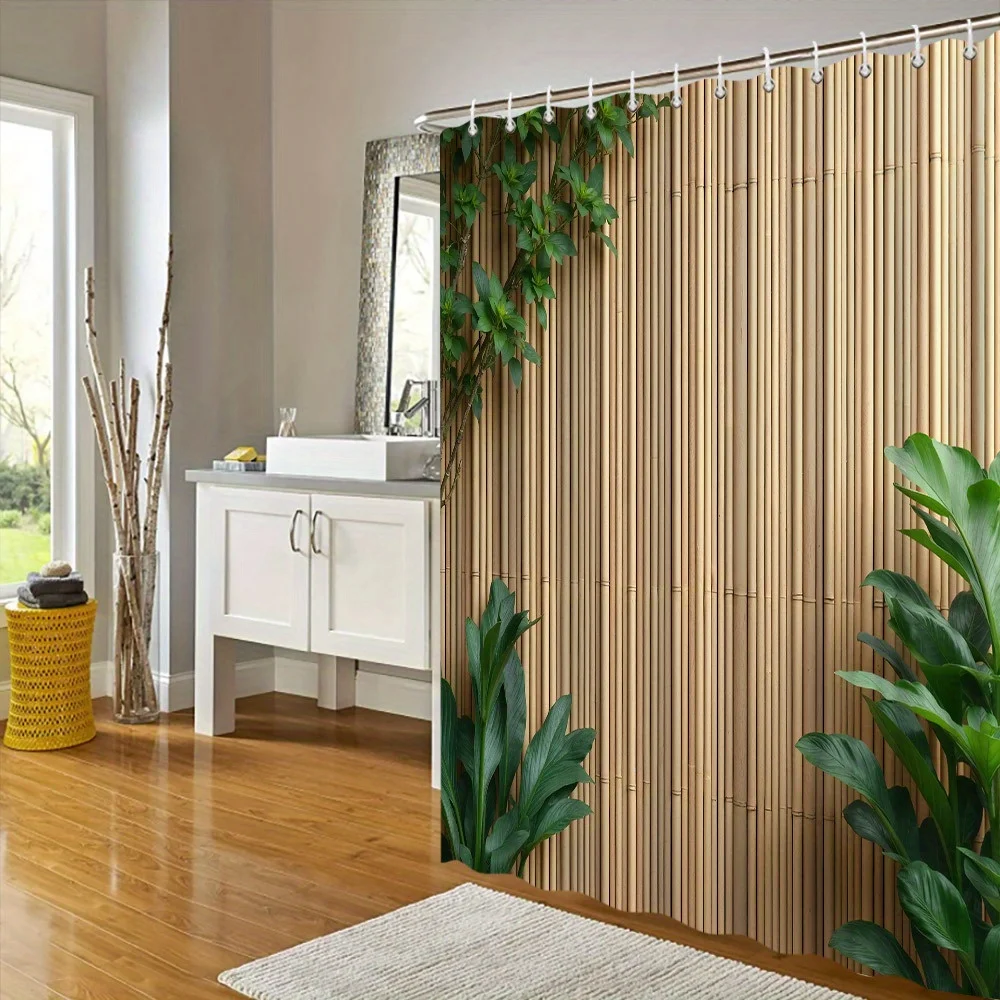 Tropical Garden Shower Curtain - Bamboo Fence, Lush Green Foliage, Polyester, Serene Bathroom Decor, Natural Ambiance