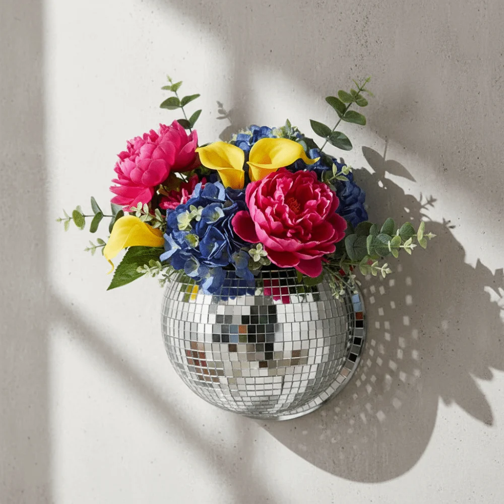 Acrylic Mirror Finish Wall-Mounted Disco Planter Shining Decorative Disco Wall Vase Half Sphere Disco Wall Decoration Bathroom