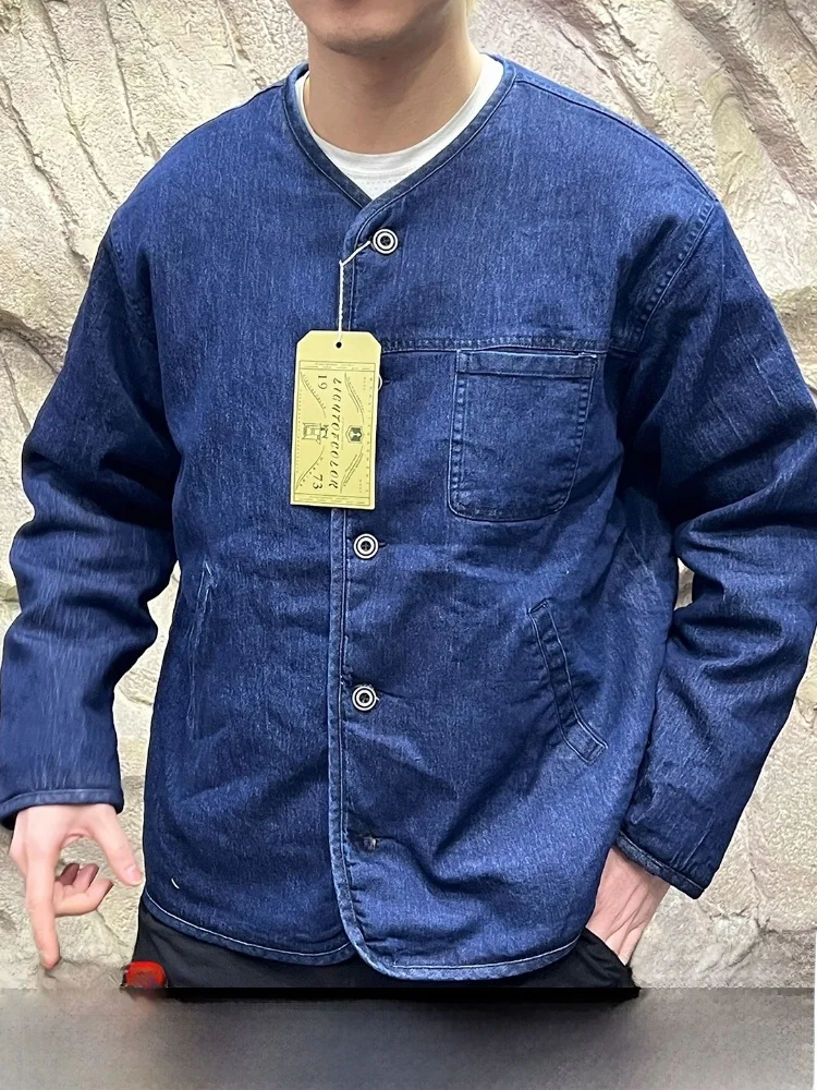 

Denim Thiened Cotton Jaet Men's Collarl Inner Warmth Youth Faion Long Sve Stand Length Single Button