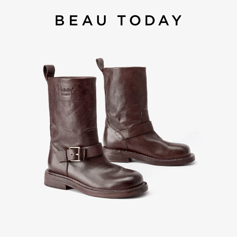 BEAUTODAY Mid-Calf Boots Women Genuine Horse Leather Sewing Design Solid Color Slip-on Ladies Shoes Handmade 03158
