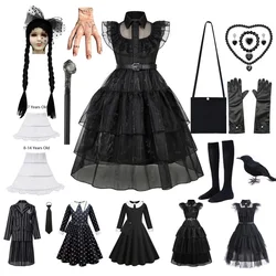 W-Wednesday Cosplay Black Dresses Girls Addams Costumes Halloween Kids