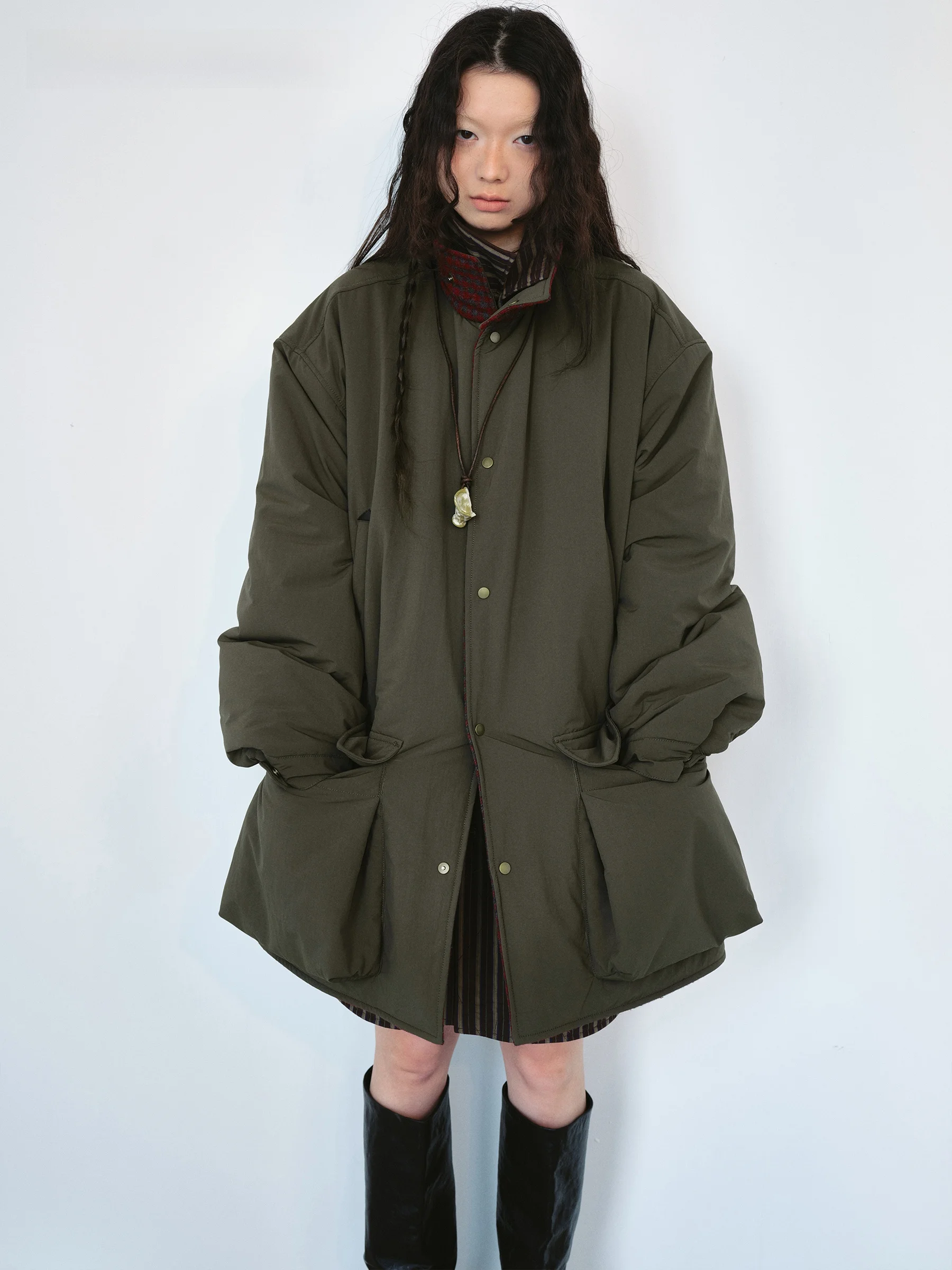 VERMO Retro Colored Windproof Inner Wool Cotton Loose Cotton Jacket with 3D Pocket Stand Collar Coat for Unisex Winter Wear
