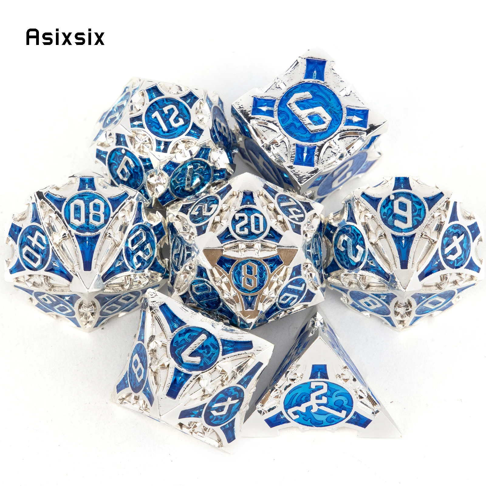 

7 Pcs Blue White Metal Dice Solid Metal Polyhedral Dice Set Suitable for Role-Playing RPG Board Game Card Game