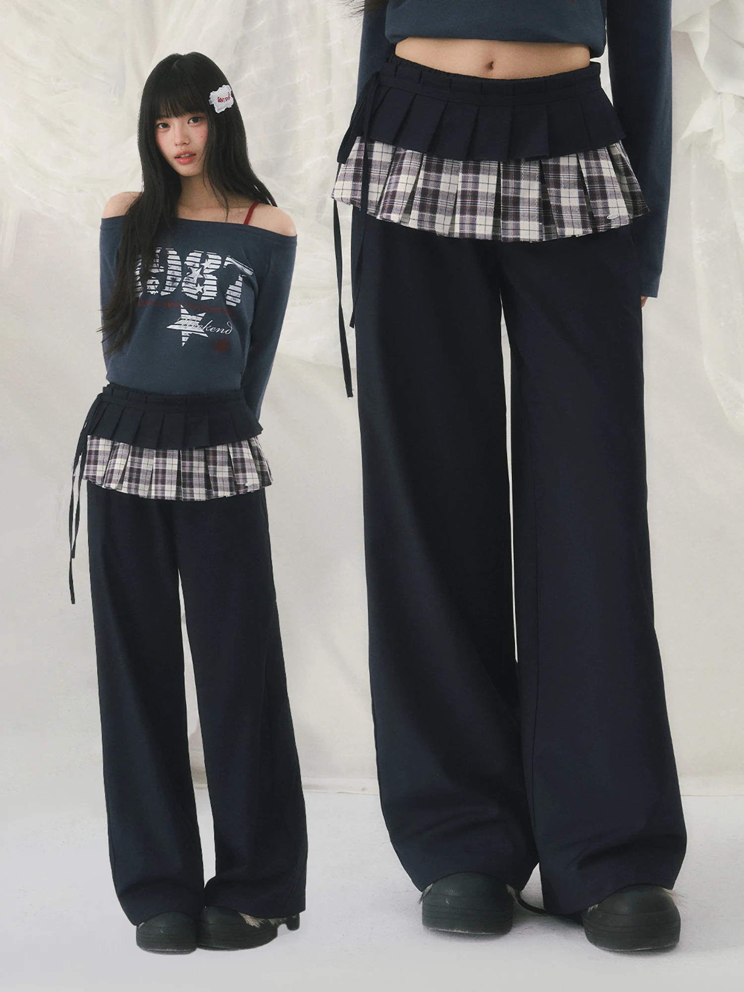 

Wedhub Casual Plaid Women's Pants Straight Leg Trousers Spring 2026 New Lazy Sle Versatile Patchwork Wide Leg Jeans