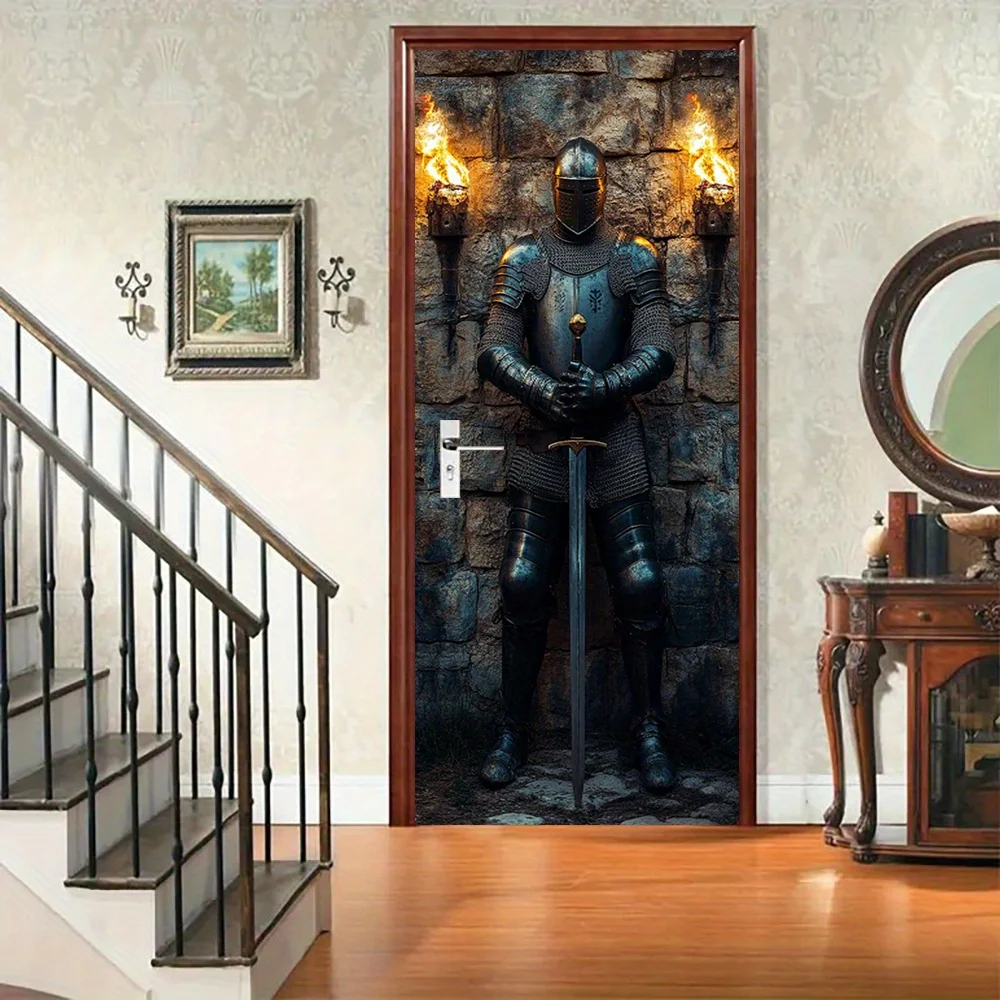 1 medieval knight armor wall sticker - self-adhesive door mural, flame sword, and stone wall home decoration, suitable for bedro