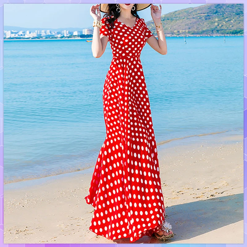 Dress Ladies Polka Dots Maxi O-Neck Slim Empire Elegant Boho Plus Size Dresses For Women 2022 Office Simple All-Match A-Line