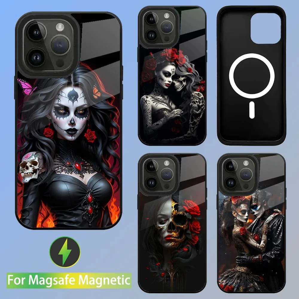 Mexican Catrina Skull Girl Phone Case For iPhone 15,14,13,12,11,Plus,Pro,Max Mini Magsafe Magnetic Wireless Charging