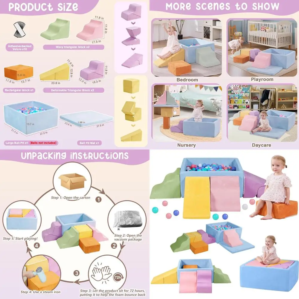 Toddler Foam Climbing Blocks Set with Square Ball Pit, Soft Play Structure, Macaron Tones (Balls Not Included)