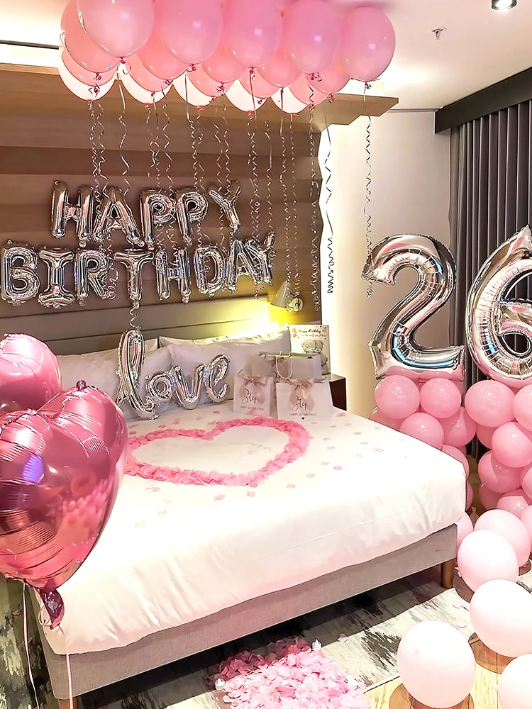 1/247pcs Pink Birthday Party Decorations, Silver Happy Birthday Balloon Banner for Birthday, Anniversary, Valentine's Day