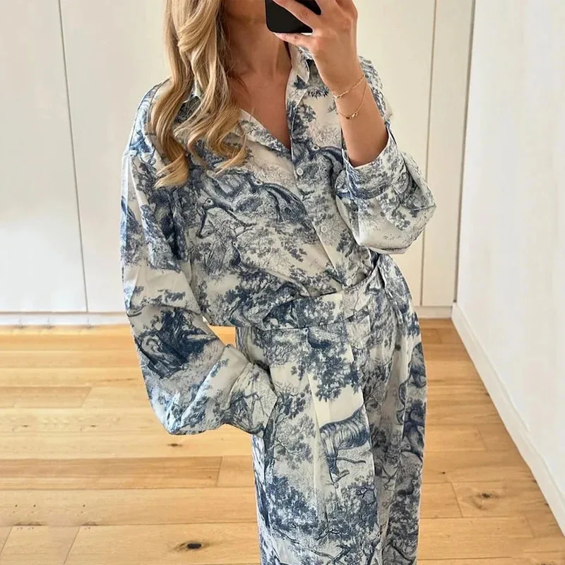 

Loose Printed Long Sve irt Pants Set Casual Wear High Waist Long Pants Polyester Fabric Commute Sle Spring Collection