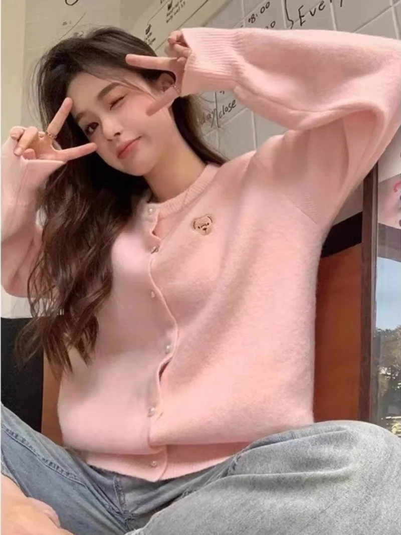 Sweet Pink Sweater Female Bear Embroidery O-Neck Lazy Milk Glutinous Korean College Solid Autumn Long Sleeve Knit Loose Coat Top