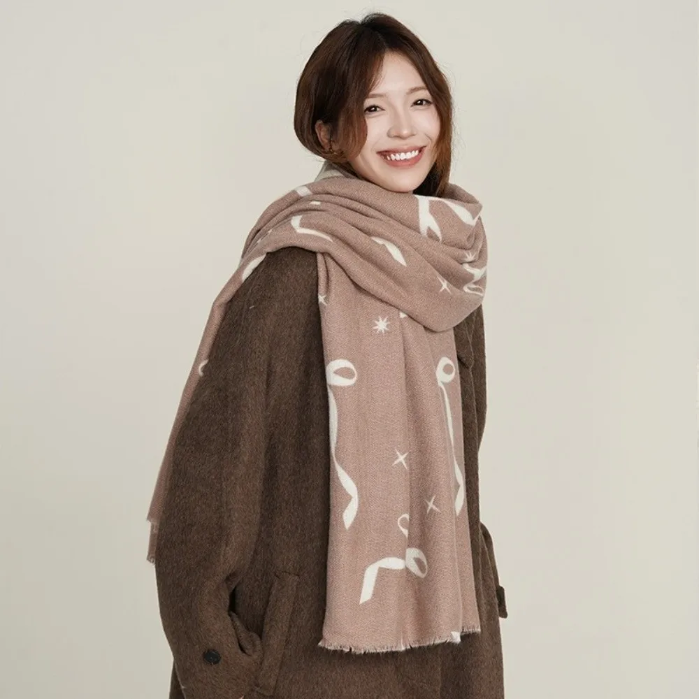 

Элегантный шерстяной шарф с бантом и принтом, утепленный холодостойкий зимний кашемировый шарф, длинные женские кашемировые шарфы в корейском стиле для девочек