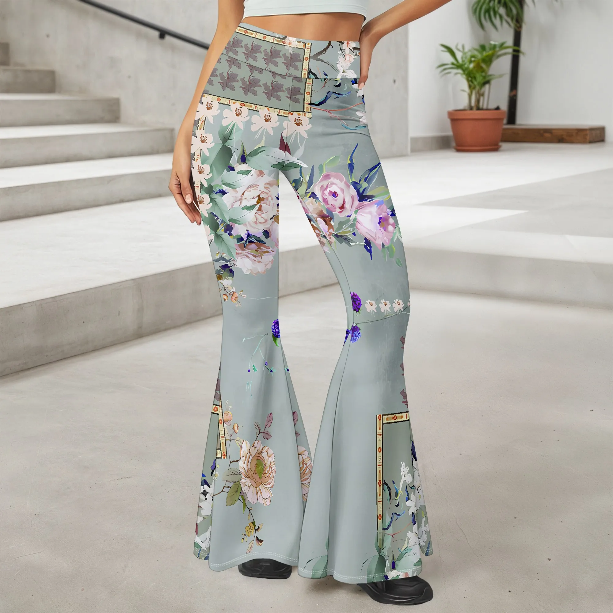 Women's Spring And Summer Casual 3D Printed Flared Pants, High Waisted Fashionable Flared Pants.