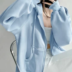 EBAIHUI Retro Lazy Style Women Hoodie Solid Color Pocket Design Ladies Zippered Cardigan Autumn Winter Oversized Casual Jacket