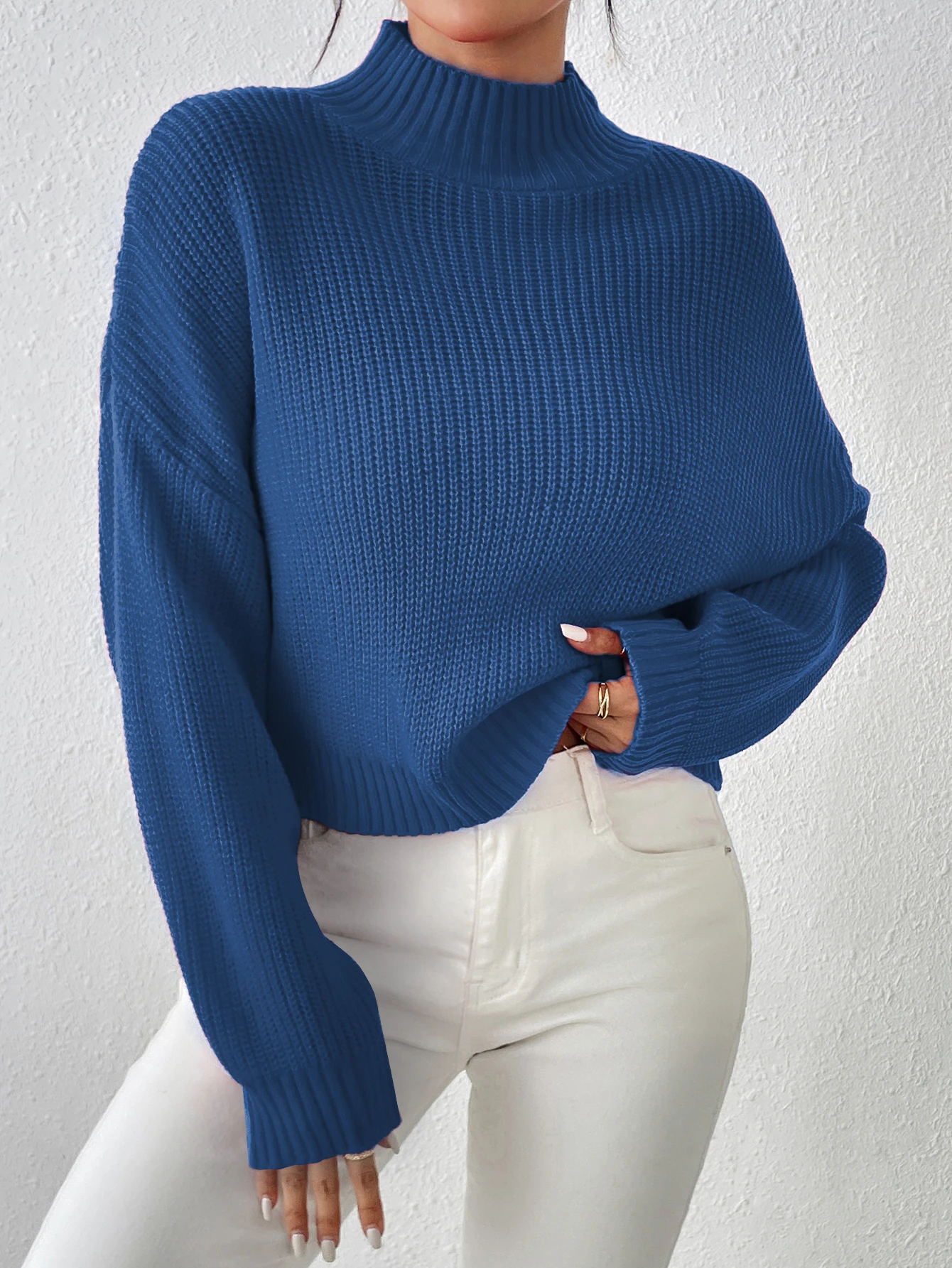 Women\'s Ribbed Knitted Sweater, Mock Neck Long Sleeve Pullover, Solid Color High Neck Drop Shoulder Jumper