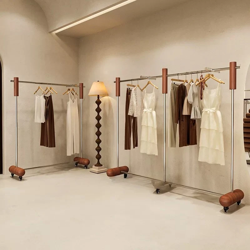 Clothing store floor hanger stainless steel positive hanging movable shelf high-end clothes display rack women's clothing store