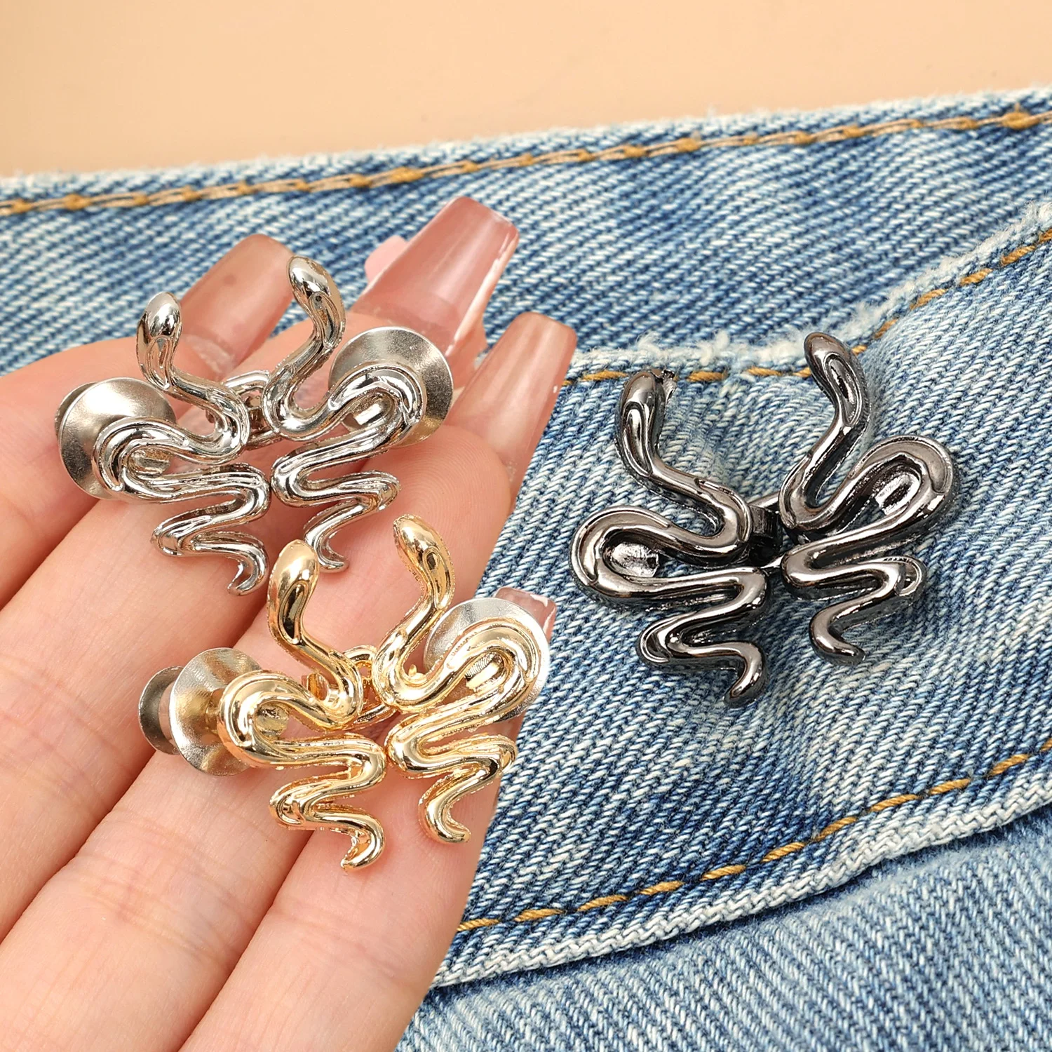 3pairs Waist Button Fastener Adjustable Metal Jeans Buttons Cute Snake Shape Reusable Waist Cincher Clip for Clothing Dresses