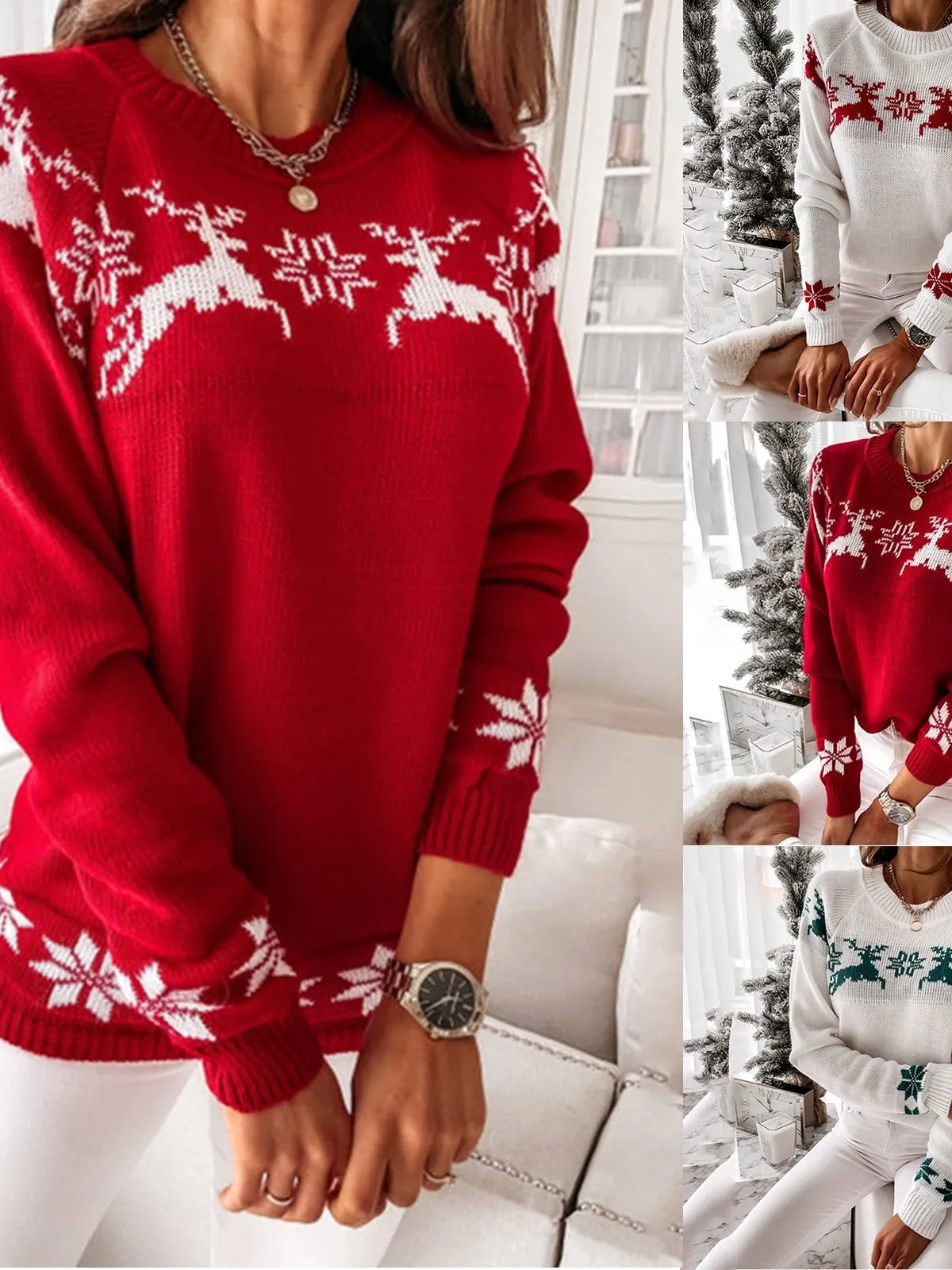 

Women's Long Sve Knitted Top Deer PatternJacquard Street Sle Slim Fit Autumn Winter Faion round Ne Pullover Sweater