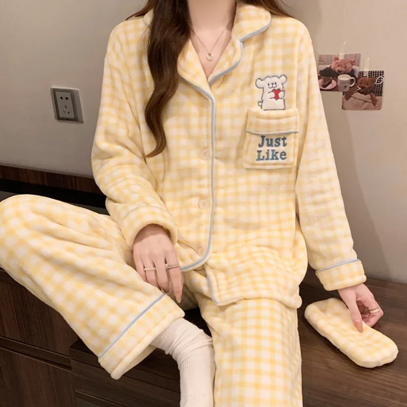 

Зимний мальтийский пижамный комплект, желтая клетчатая ночная рубашка с кавайным принтом, теплая корейская ночная рубашка для девочек, милая плюшевая повседневная домашняя одежда, одежда для сна