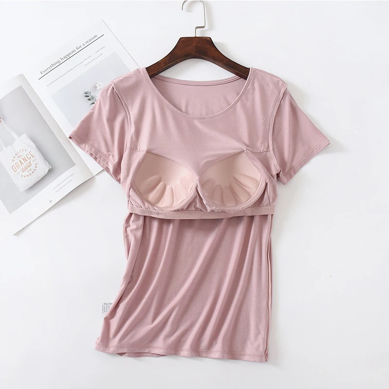 تي شيرت نسائي مشروط مدمج في حمالة صدر مبطنة تي شيرت نسائي كاجوال بأكمام قصيرة يسمح بالتهوية