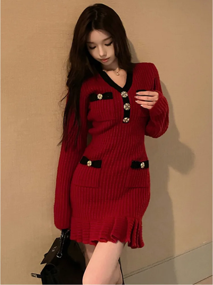 Women\'s Y2K V-neck Knitted Dress Small Fragrant Pleated Ruffles Elegant Party Dresses Waffle Contrast French Chic Knitwear Skirt