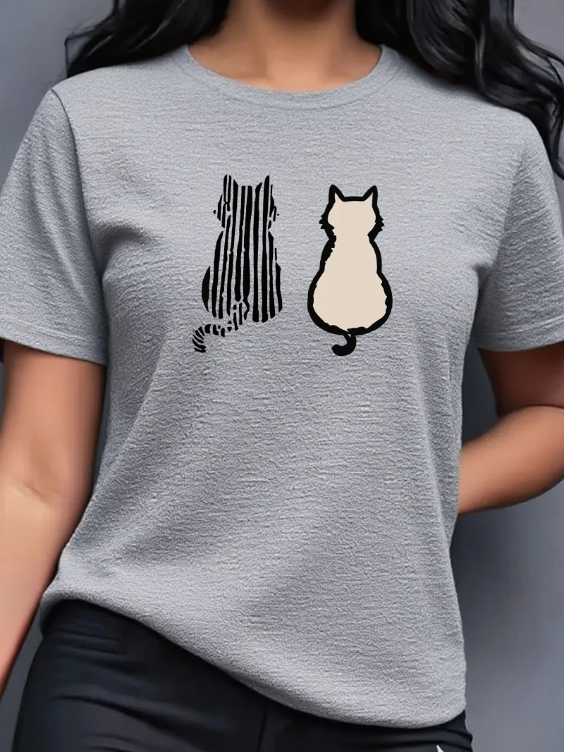 Vrouwen Zomer Twee schattige katten Print T-shirt Meisje Casual Korte Mouw Zomer Vrouwelijke Dierenkleding