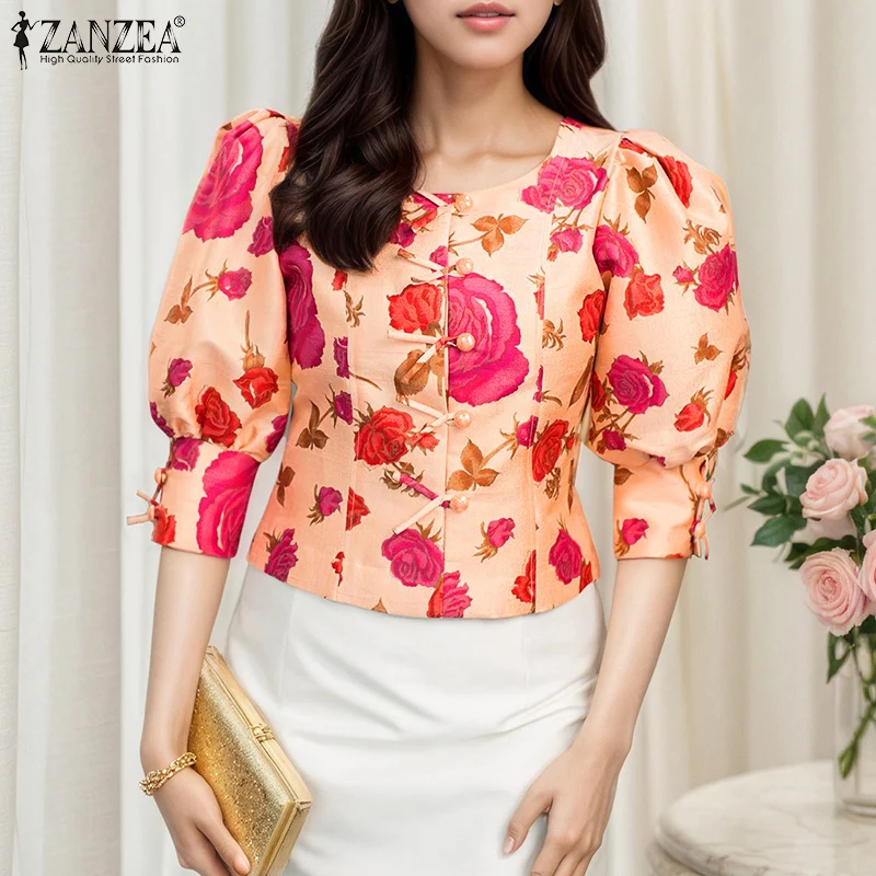 

ZANZEA Women Vintage Floral Printed Shirts Half Puff Sleeve Tops Casual Bow Buttons Blusas 2025 Summer Elegant OL Work Tunic