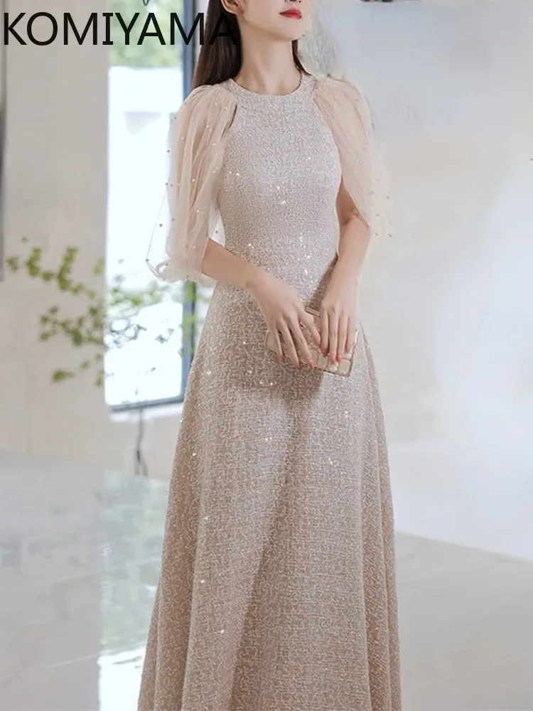 

O-neck Sleeve Shoulder Design Sequined Evening Dresses Slim Waist Simple Elegant Prom Dresses Temperament Wed Party Vestidos