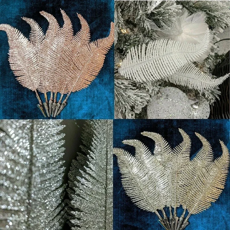 

6Pcs Gold Silver Glitter Feathers Christmas Tree Ornament Simulation Leaf Plant Decor Home Wedding